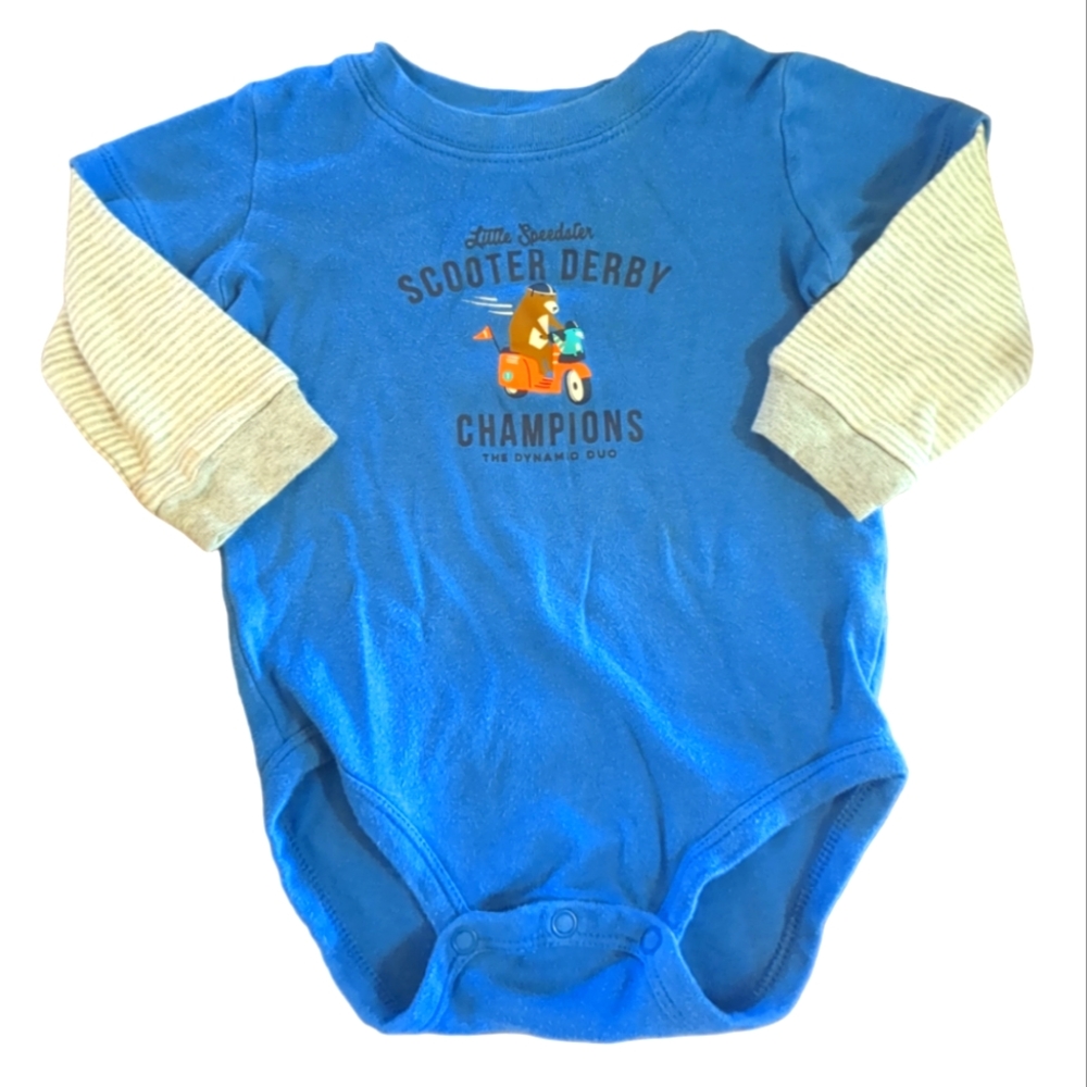 🍁2/$7🍁 CARTER'S Blue with Stripes Bear Scooter Derby Long Sleeve Onesie